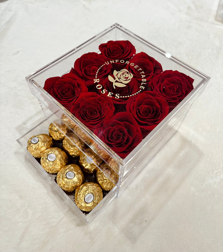 Acrylic Box with 9 Preserved Roses (Chocolates not included)